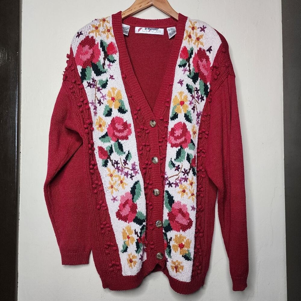 Vintage 90's Chaus Red Floral Cardigan Sweater Women's Size Large